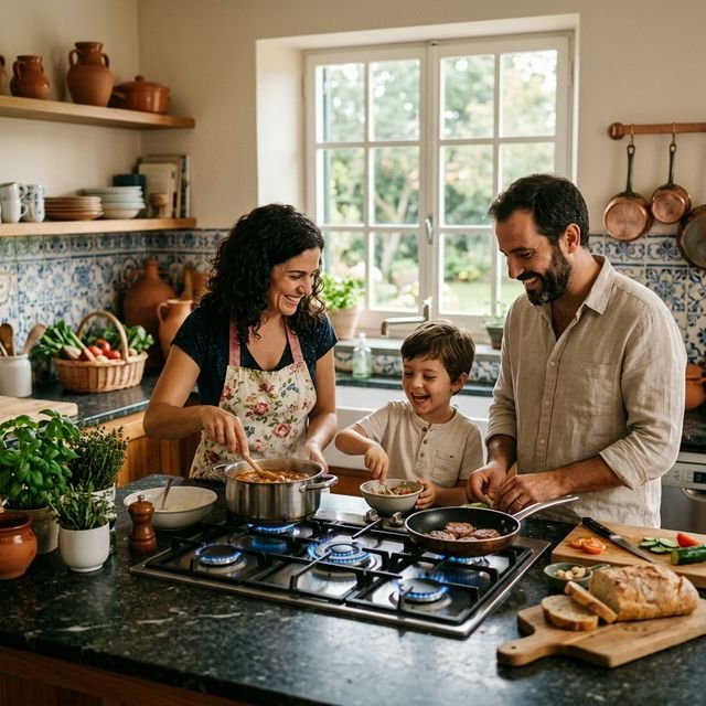 Família a cozinhar numa cozinha moderna